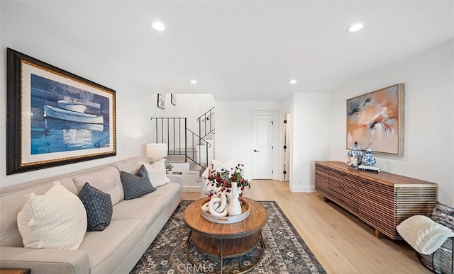 6567 Woodburn Ln Unit 7, Yorba Linda, CA 92886 - living area with light wood-style flooring, stairs, and recessed lighting