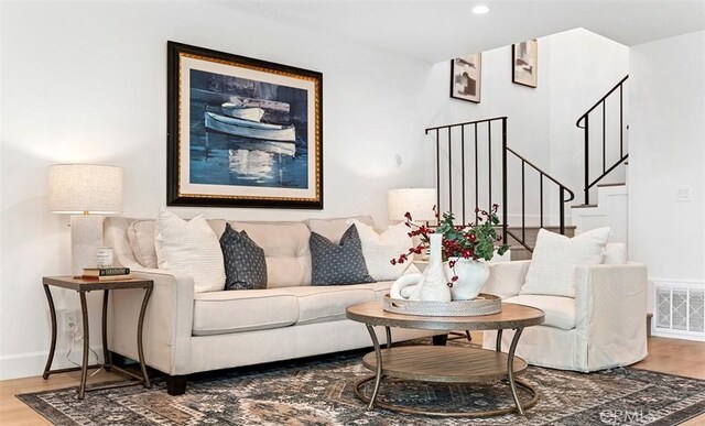 6567 Woodburn Ln Unit 7, Yorba Linda, CA 92886 - living area featuring wood finished floors, stairs, and recessed lighting