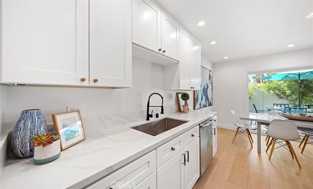 6567 Woodburn Ln Unit 7, Yorba Linda, CA 92886 - kitchen featuring white cabinets, light stone counters, recessed lighting, and light wood-style flooring