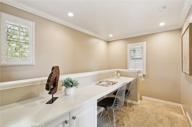 78 Windchime, Irvine, CA 92603 - home office featuring ornamental molding, light colored carpet, recessed lighting, and built in desk
