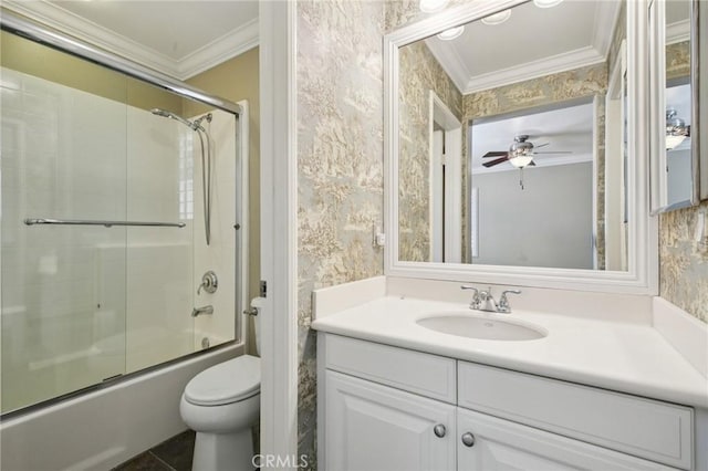 78 Windchime, Irvine, CA 92603 - bathroom with ornamental molding, vanity, combined bath / shower with glass door, wallpapered walls, and a ceiling fan
