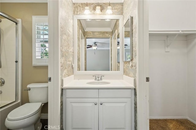 78 Windchime, Irvine, CA 92603 - full bathroom with crown molding, vanity, shower / bath combination with glass door, and ceiling fan
