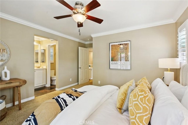 78 Windchime, Irvine, CA 92603 - bedroom with ornamental molding, carpet, connected bathroom, and a ceiling fan