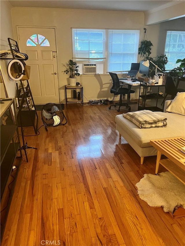 11316 Venice Blvd, Los Angeles, CA 90066 - living room with wood finished floors, an office area, cooling unit, and ornamental molding