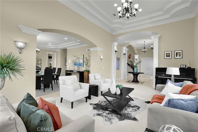 15841 Aurora Crest Dr, Whittier, CA 90605 - living area featuring arched walkways, a raised ceiling, decorative columns, ornamental molding, and a chandelier