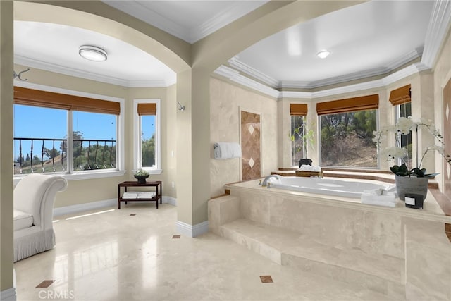 15841 Aurora Crest Dr, Whittier, CA 90605 - bathroom featuring a garden tub, crown molding, and marble finish flooring