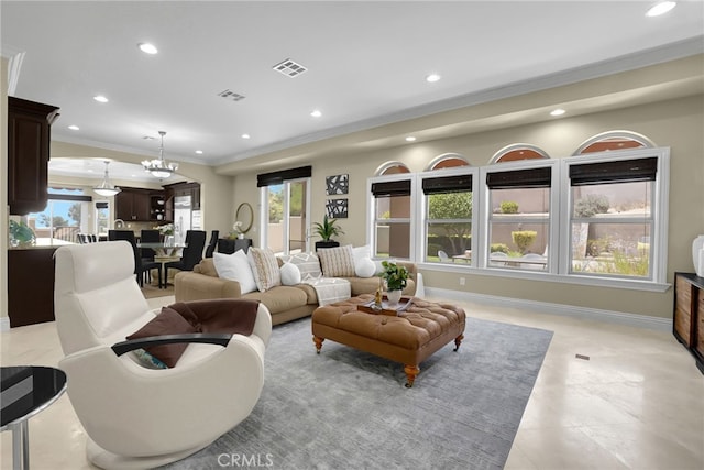 15841 Aurora Crest Dr, Whittier, CA 90605 - living area featuring recessed lighting, crown molding, healthy amount of natural light, light tile patterned floors, and a chandelier