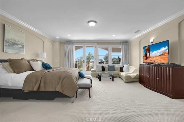 15841 Aurora Crest Dr, Whittier, CA 90605 - carpeted bedroom with access to exterior, crown molding, and recessed lighting