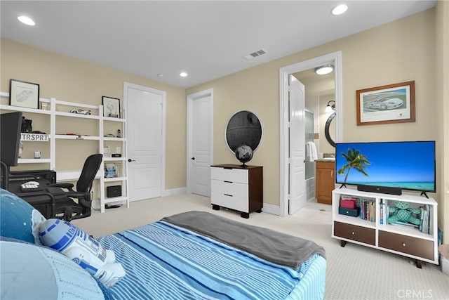 15841 Aurora Crest Dr, Whittier, CA 90605 - bedroom with light carpet, recessed lighting, and connected bathroom