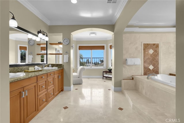 15841 Aurora Crest Dr, Whittier, CA 90605 - bathroom featuring crown molding, double vanity, and a garden tub