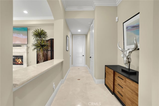 15841 Aurora Crest Dr, Whittier, CA 90605 - hall with ornamental molding, recessed lighting, and light tile patterned floors