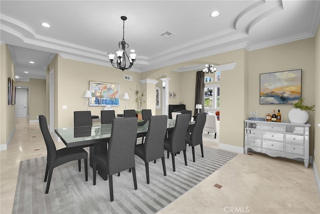 15841 Aurora Crest Dr, Whittier, CA 90605 - dining space with decorative columns, a chandelier, a tray ceiling, recessed lighting, and crown molding