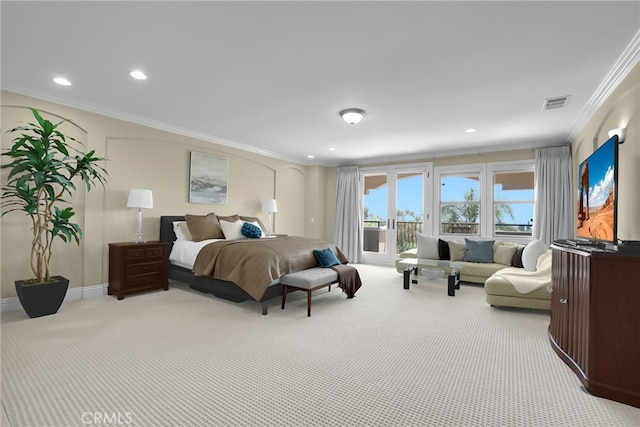 15841 Aurora Crest Dr, Whittier, CA 90605 - bedroom with ornamental molding, carpet floors, access to outside, and recessed lighting