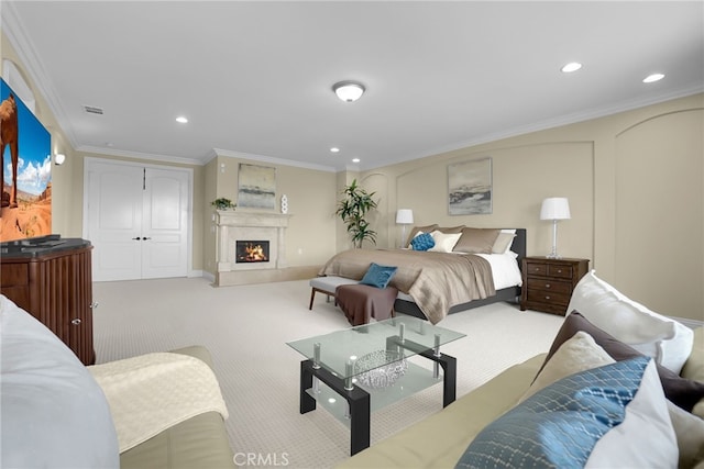 15841 Aurora Crest Dr, Whittier, CA 90605 - bedroom featuring carpet floors, recessed lighting, ornamental molding, and a lit fireplace