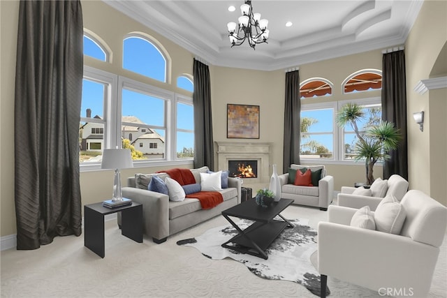 15841 Aurora Crest Dr, Whittier, CA 90605 - carpeted living room featuring a raised ceiling, a chandelier, crown molding, recessed lighting, and a towering ceiling