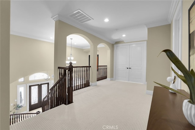 15841 Aurora Crest Dr, Whittier, CA 90605 - hallway featuring a chandelier, ornamental molding, an upstairs landing, arched walkways, and recessed lighting