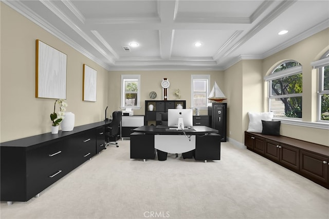 15841 Aurora Crest Dr, Whittier, CA 90605 - home office with light colored carpet, coffered ceiling, ornamental molding, beam ceiling, and recessed lighting