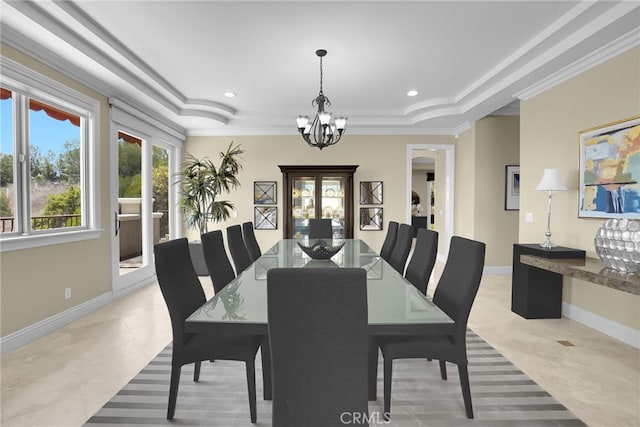 15841 Aurora Crest Dr, Whittier, CA 90605 - dining space with a chandelier, a tray ceiling, ornamental molding, recessed lighting, and light tile patterned floors
