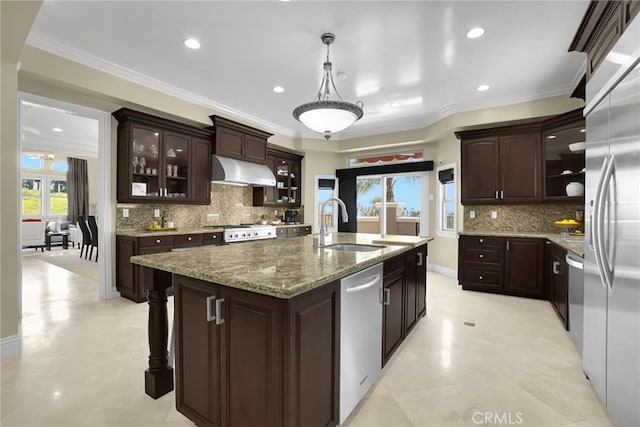 15841 Aurora Crest Dr, Whittier, CA 90605 - kitchen with stainless steel appliances, under cabinet range hood, recessed lighting, decorative backsplash, and light stone countertops
