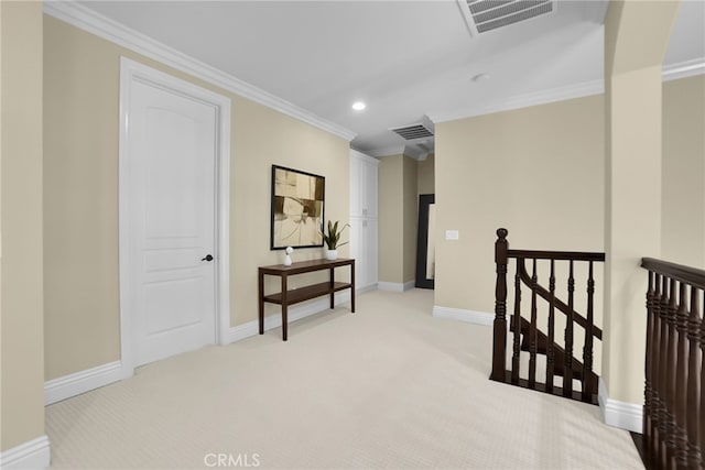 15841 Aurora Crest Dr, Whittier, CA 90605 - hallway with an upstairs landing, ornamental molding, light colored carpet, and recessed lighting