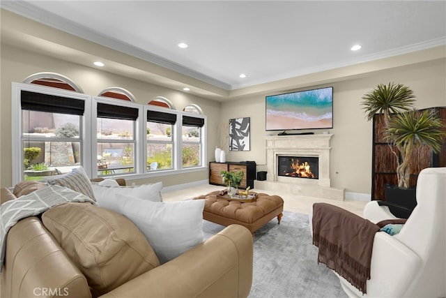 15841 Aurora Crest Dr, Whittier, CA 90605 - living area with recessed lighting, a fireplace, a raised ceiling, and crown molding