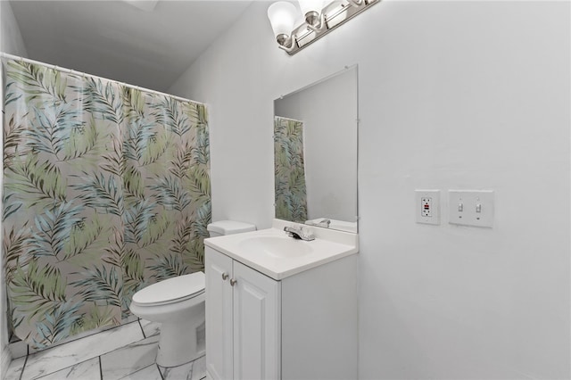 7115 Rubidoux Ave, Yucca Valley, CA 92284 - full bathroom with vanity, marble look tile flooring, and a shower with curtain
