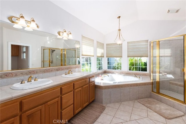 395 Mesa Rd, Nipomo, CA 93444 - full bathroom featuring double vanity, a garden tub, a shower stall, tile patterned flooring, and vaulted ceiling
