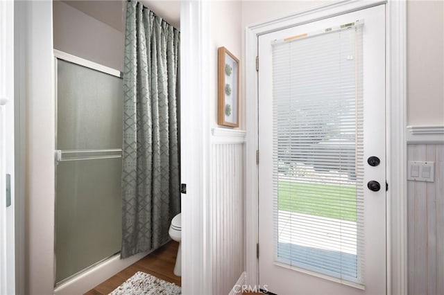 395 Mesa Rd, Nipomo, CA 93444 - bathroom featuring a stall shower and wood finished floors