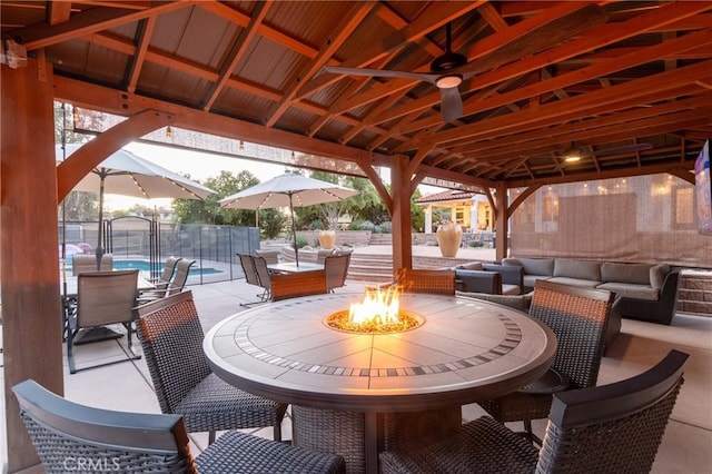 395 Mesa Rd, Nipomo, CA 93444 - view of patio / terrace with a gazebo, a ceiling fan, and an outdoor living space with a fire pit