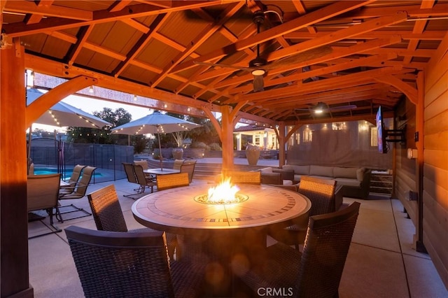 395 Mesa Rd, Nipomo, CA 93444 - view of patio with a gazebo, ceiling fan, and an outdoor living space with a fire pit