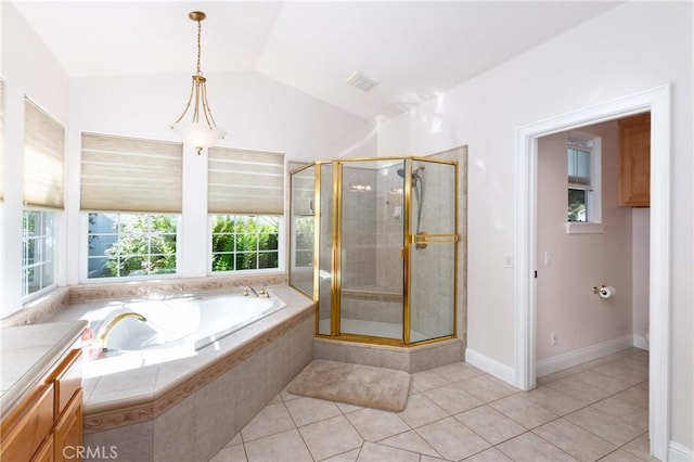 395 Mesa Rd, Nipomo, CA 93444 - full bathroom with a bath, tile patterned floors, a shower stall, vaulted ceiling, and vanity