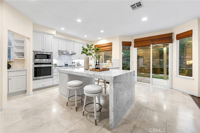 23665 Ridgecrest Ct, Diamond Bar, CA 91765 - kitchen with stainless steel appliances, a center island, under cabinet range hood, light stone counters, and white cabinetry