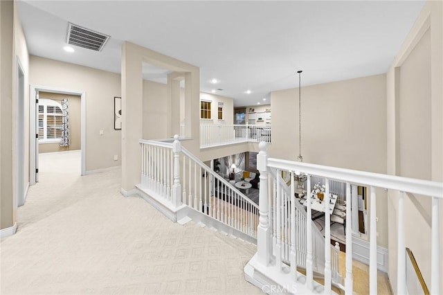 23665 Ridgecrest Ct, Diamond Bar, CA 91765 - hallway with light carpet, an upstairs landing, and recessed lighting