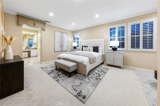 23665 Ridgecrest Ct, Diamond Bar, CA 91765 - bedroom with ornamental molding, recessed lighting, carpet, and ensuite bathroom