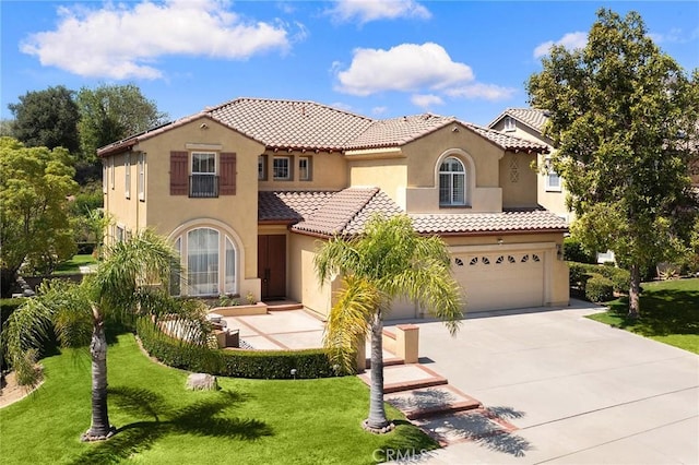 23665 Ridgecrest Ct, Diamond Bar, CA 91765 - mediterranean / spanish house with a garage, driveway, stucco siding, a front yard, and a tiled roof