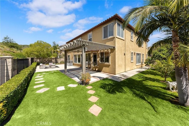23665 Ridgecrest Ct, Diamond Bar, CA 91765 - rear view of house featuring a pergola, stucco siding, a fenced backyard, and a patio area