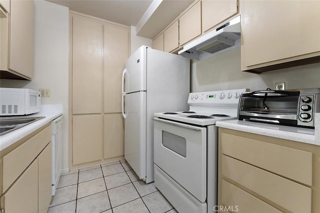 23326 Sesame St Unit E, Torrance, CA 90502 - kitchen featuring white appliances, under cabinet range hood, cream cabinetry, and light countertops