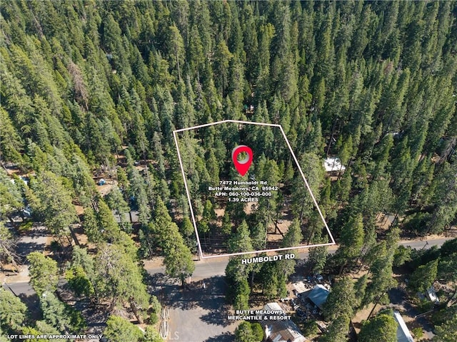 7472 Humboldt Rd, Butte Meadows, CA 95942 - aerial view of property and surrounding area with property boundaries highlighted and a forest