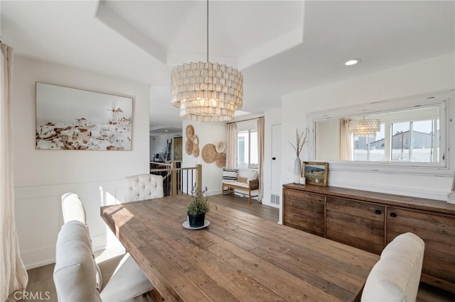 1722 Harper Ave, Redondo Beach, CA 90278 - dining space with a chandelier, a raised ceiling, wood finished floors, and recessed lighting