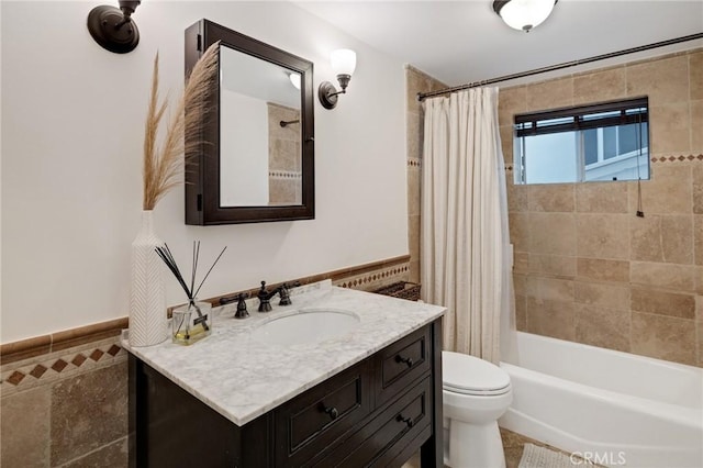 1722 Harper Ave, Redondo Beach, CA 90278 - bathroom featuring vanity, shower / bath combo with shower curtain, tile walls, and a wainscoted wall