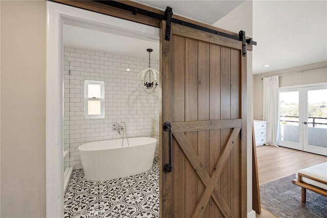 1722 Harper Ave, Redondo Beach, CA 90278 - full bath featuring a soaking tub, tile walls, a shower, french doors, and tile patterned floors
