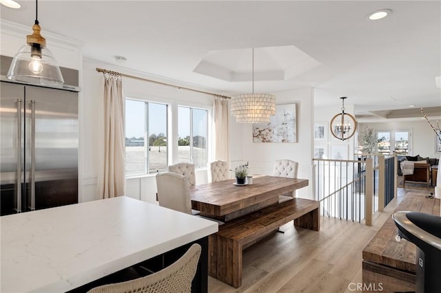 1722 Harper Ave, Redondo Beach, CA 90278 - dining area with a tray ceiling, a chandelier, light wood-type flooring, and recessed lighting