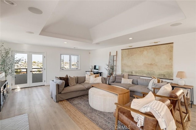 1722 Harper Ave, Redondo Beach, CA 90278 - living area with a raised ceiling, light wood-style flooring, recessed lighting, and french doors