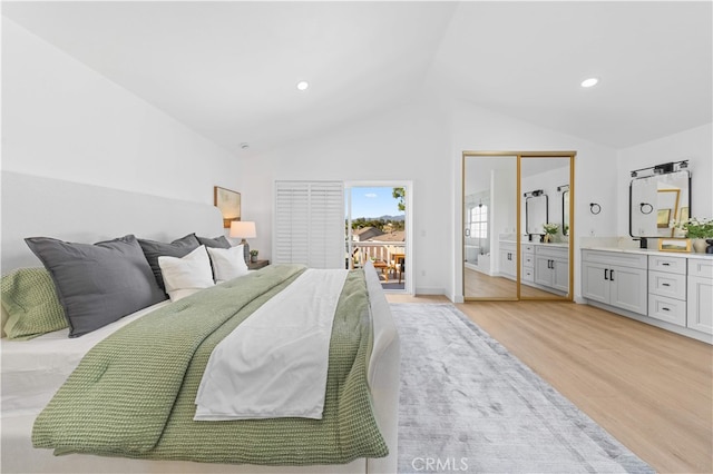 25885 Astor Way, Lake Forest, CA 92630 - bedroom with light wood finished floors, vaulted ceiling, access to outside, and recessed lighting