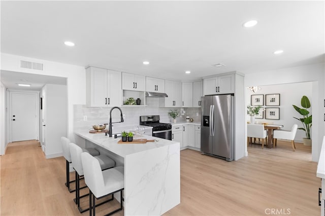 25885 Astor Way, Lake Forest, CA 92630 - kitchen with stainless steel appliances, under cabinet range hood, a breakfast bar, a peninsula, and backsplash