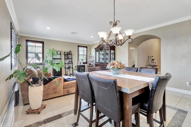 1349 Pyramid Peak St, Chula Vista, CA 91913 - dining area with light tile patterned flooring, plenty of natural light, a chandelier, recessed lighting, and ornamental molding
