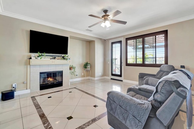 1349 Pyramid Peak St, Chula Vista, CA 91913 - tiled living room with ceiling fan, crown molding, and a fireplace
