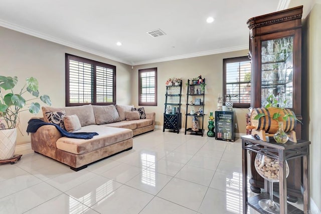 1349 Pyramid Peak St, Chula Vista, CA 91913 - living room featuring light tile patterned floors, ornamental molding, and recessed lighting