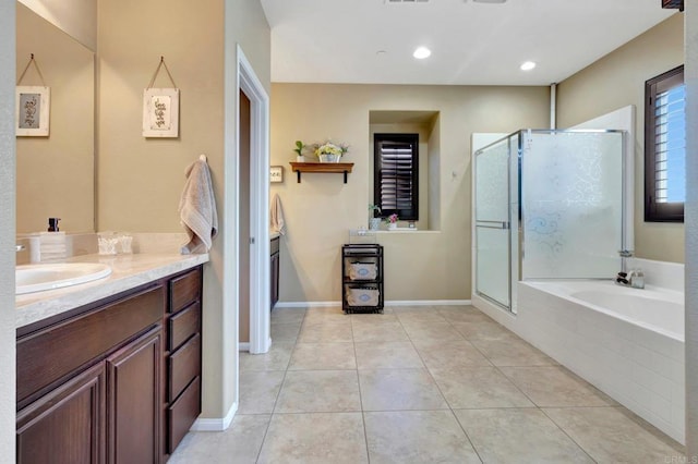 1349 Pyramid Peak St, Chula Vista, CA 91913 - bathroom with vanity, a stall shower, tile patterned floors, a garden tub, and recessed lighting