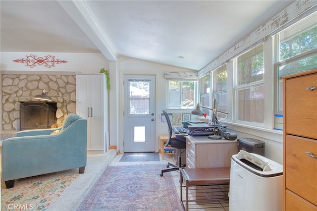 1815 Thrush Rd, Wrightwood, CA 92397 - office space with healthy amount of natural light, light tile patterned floors, and a stone fireplace